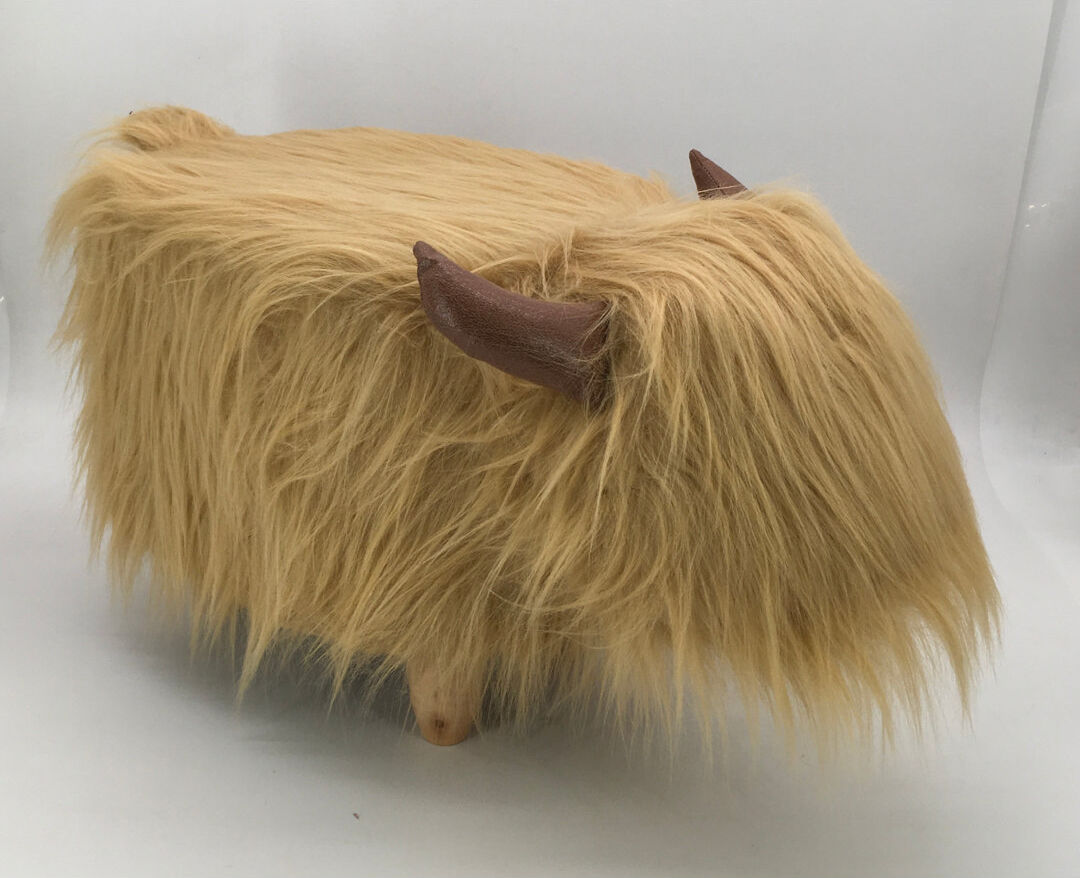 Gardeco Highland Cow synthetic fur footstool with wooden legs Brown Faux Fur 36cm H X 32cm W X 61cm D