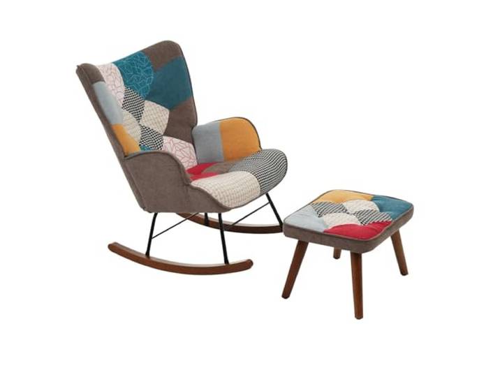 Bequemer Schaukelstuhl mit Fußhocker im Patchwork-Design, ergonomische Rückenlehne, gepolsterter Sitz, Massivholzrahmen, Eisenfüße, weiche Schaumstofffüllung, für Wohnzimmer, Schlafzimmer (Bunt)