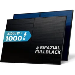 SUNNIVA® Solarpanel, 2x 500 W, FULL BLACK, Bifazial, Glas, N-Type Solarmodul, PV Module Solarpanel, PMax 1000W (2x500W), für Balkonkraftwerk Solaranlage PV Panel Photovoltaik Solar Komplettanlage