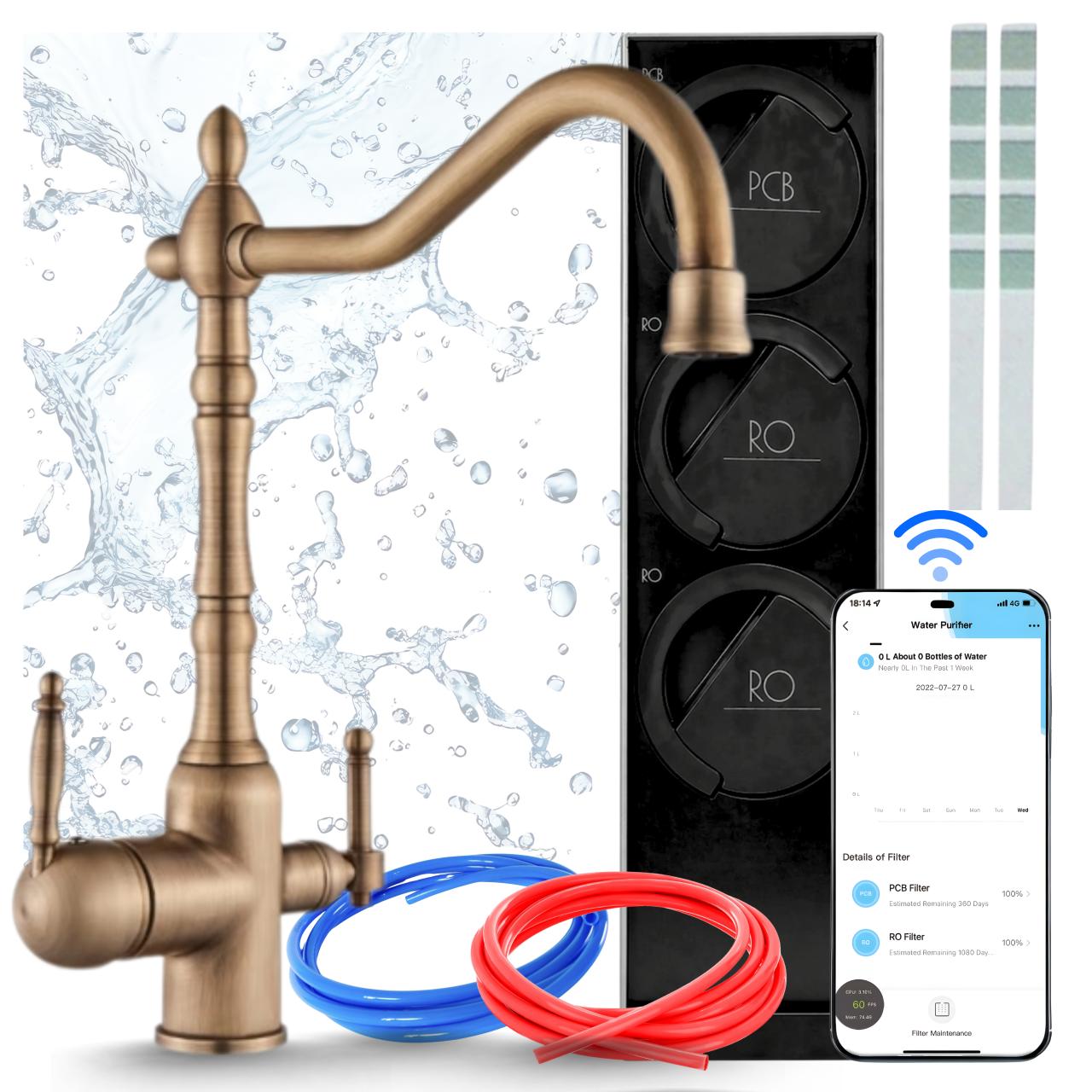 Wasserfiltersystem Ari Mit Umkehrosmose, Wifi, 120 L Pro Stunde, Zweigriffarmatur Aus Messing, Keramikkartusche, 360 Grad Schwenkbar, Perlator Retro