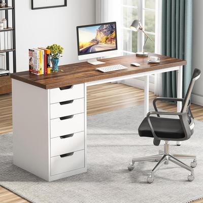 Jiallo Computer Desk with 5 Drawers, 47 inches Rustic Brown (Reversible Drawer Cabinet)