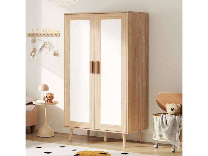 Armoire penderie - 80x46x141 5 cm - Armoire 2 portes avec étagères et penderie - Blanc et bois naturel