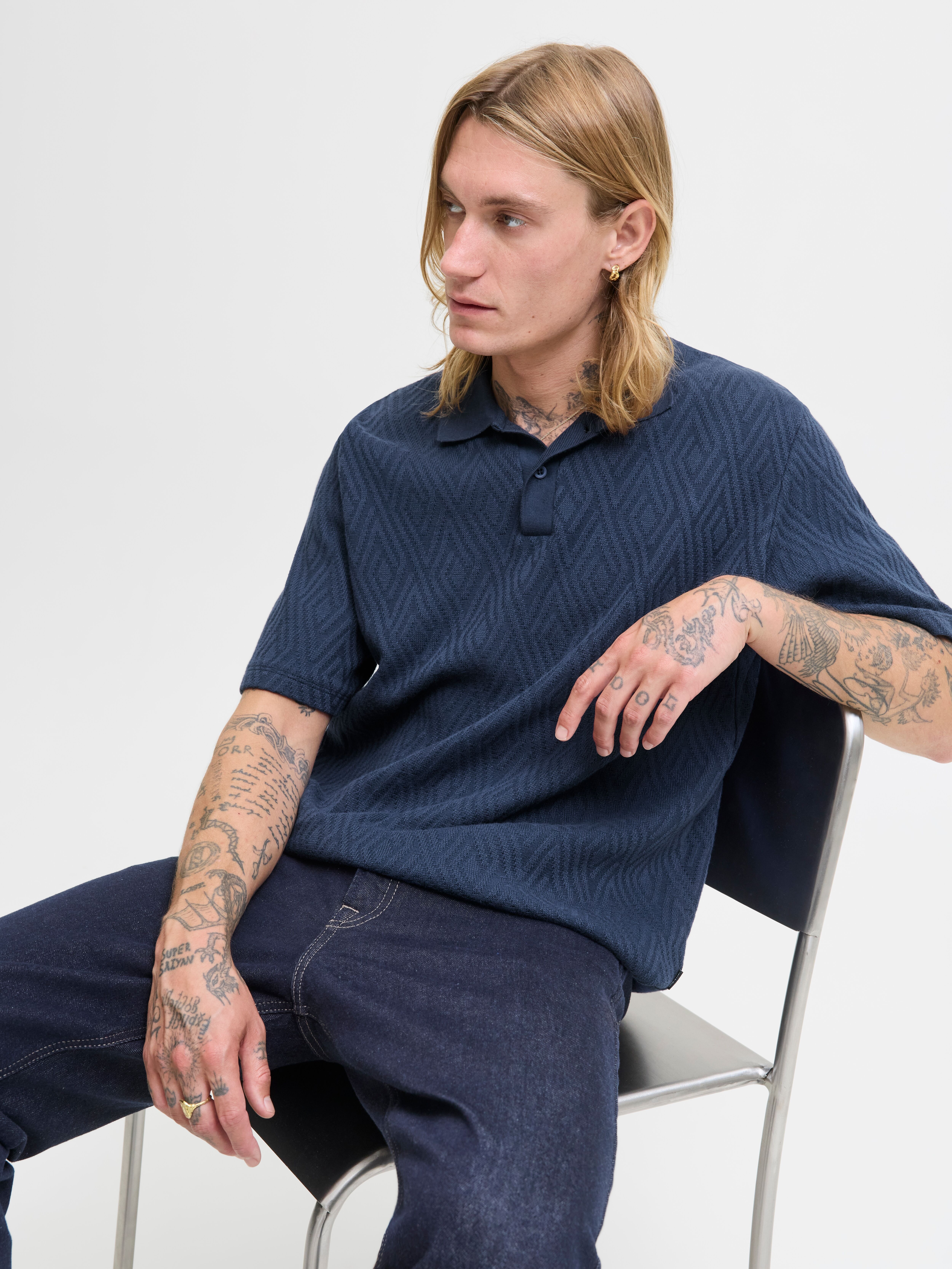 Poloshirt JACK & JONES "JPRBLANEWTRENT SS POLO SN", Herren, Gr. S, schwarz (schwarz iris), Jersey, Obermaterial: 100% Baumwolle, gemustert, relaxed fit, Shirts Poloshirt schwarz iris S