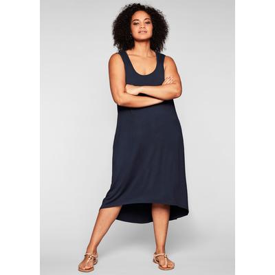 Sommerkleid SHEEGO "Strandkleid", Damen, Gr. 46, Normalgrößen, blau (marine), 95% Viskose, 5% Elasthan, unifarben, wadenlang, Rundhals, Kleider Sommerkleid