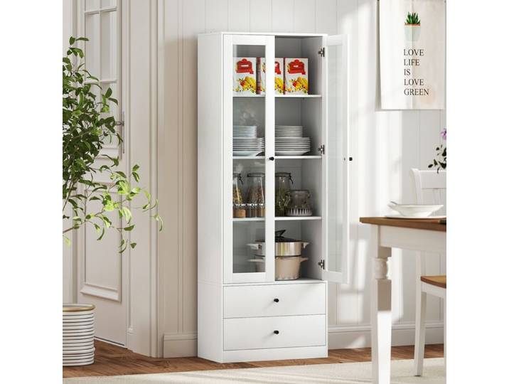 CollaHausse Meuble de Rangement Moderne Placard Portes Vitrées Étagères Réglables 2 Tiroirs Blanc 59x30x164 cm