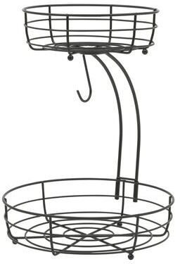 Gibson Home Fruit Basket Bowl with Banana Hanger - Black Metal Wire & Rubberwood Base - Countertop Produce Stand for Fruits