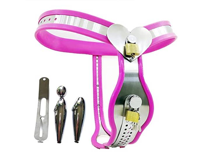 Keuschheitsgürtel Für Damen Mit Abnehmbarer Vaginal Und Analplugs, Edelstahl Keuschheitsgürtel Frau, Chastity Device Bondage Set Bdsms Spielzeug Extrem Für Frauen,120~145cm,Pink