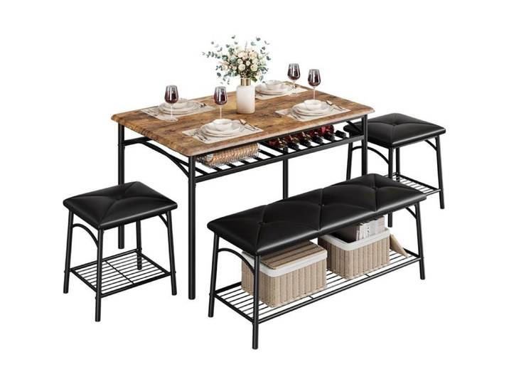 Ensemble table et chaise de salle à manger-4 Personnes–Table avec Bancs Et Tabourets Banc Rembourré Métal Et Bois Rangement rétro