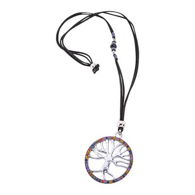 Lange Kette STEUER "Lebensbaum mit bunter Zierde an schwarzem Veloursband", weiß, Halsketten, Damen, 84cm, Metall, L: 84 B: 4mm, glänzend, B:4mm