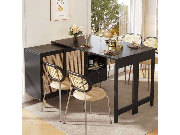 COVREO Buffet de cuisine extensible avec plateau rotatif 360° 187 x 40 x 76 cm noir portes effet rotin