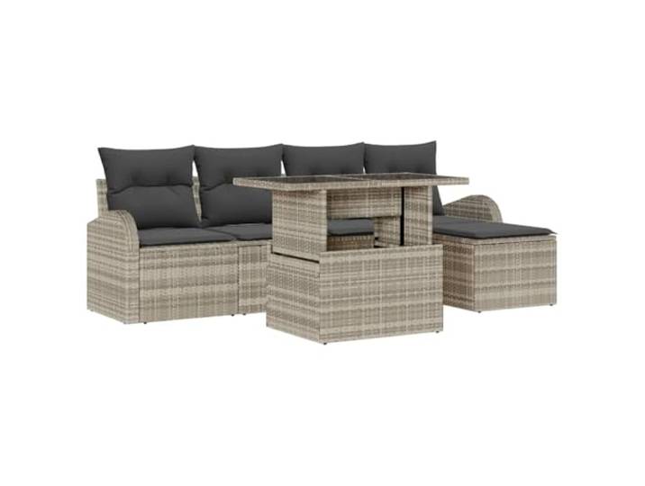 Gartensofas 6er Set Hellgrau Polyrattan mit verstellbarem Tisch Modulares Arrangement, verdeckte Staufächer, Stahlkonstruktion, verstellbare Tischplatte, modernes Design