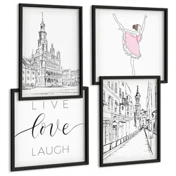 BILDER SET 4er Set - 50x50 cm & 40x60 cm Schwarzer Rahmen - Stilvolle Grafik, Ballerina-Architektur