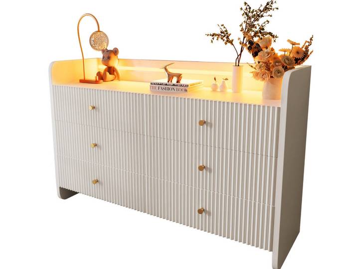 Modfu Sideboard aus Spanplatte 120x40x75 cm Weiß mit LED-Beleuchtung, 6 Schubladen und Wellenfront, 120x75x40 cm, Kleinmöbel, Kommoden, Sideboards