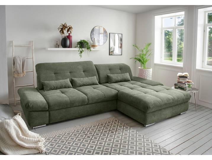 Ecksofa mit Schlaffunktion Grün Webstoff Jimin 300 x 86 x 196cm Longchair davorstehend rechts mit Schlaffunktion Modern