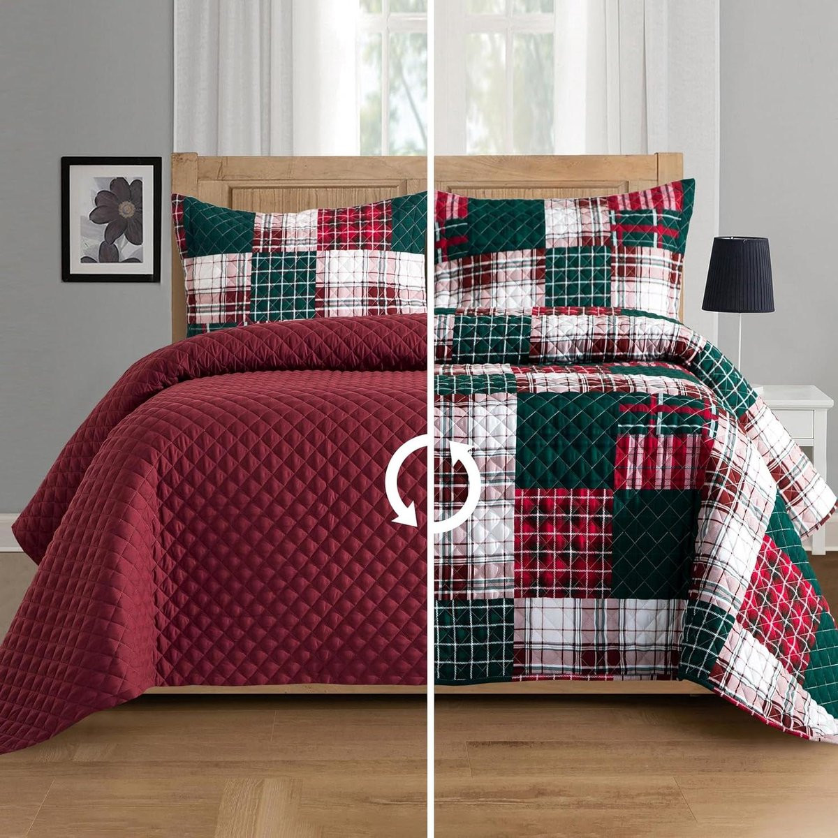 Patchwork Quilt Set Bordeaux - Omkeerbare Gewatteerde Sprei voor Twin XL Slaapkamer Decoratie