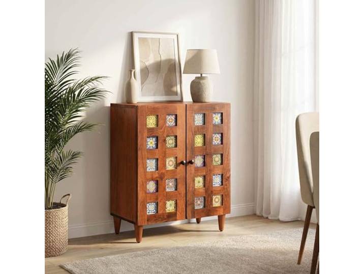 Sideboard 60 x 33 x 75 cm, Massivholz Mango Walnuss 2 Türen mit Knopfgriffen, veredelte Rückseite, 60 kg Belastbarkeit, fürs Esszimmer, Massivholz mango