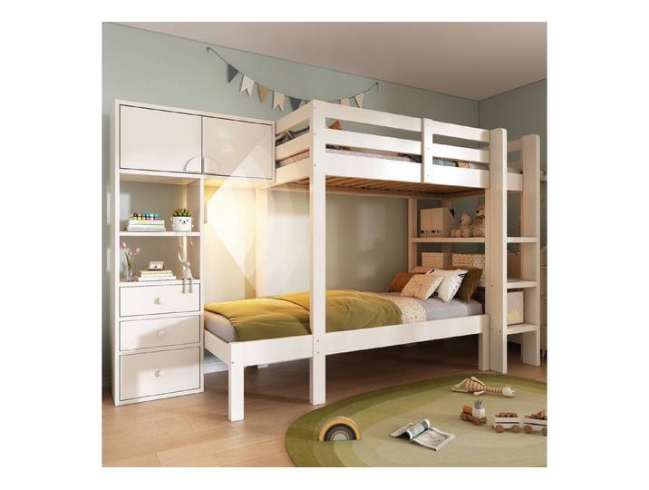 Odikalo Etagenbett Kinderbett 90x200 mit Schrank & LED (Etagenbett 90x200 cm mit intelligentem Nachtlicht, Versetztes Design mit Schrank, Regal & Schubladen, Großzügiger Stauraum, 90x200 cm, Weiß, EN747-1:2024)