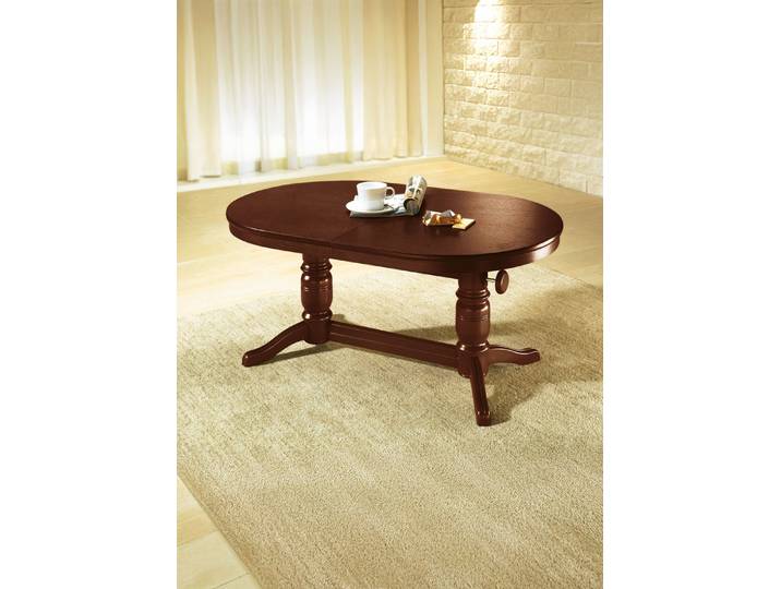 Teilmassiver Couchtisch mit gedrechseltem Tischgestell, Nussbaum, oval, fest