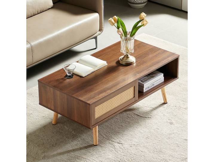 Table basse - SOGEU - Design moderne - Rotin tressé - Portes coulissantes - Pieds bois massif