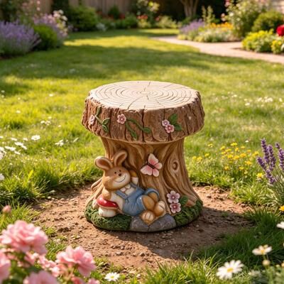 Kodotan sofa "16.93"" Sculptures Garden Statues, Rabbit Tree Stump Stool Garden Statue, Magnesium Oxide Stone Composite Outdoor Stool Decor"