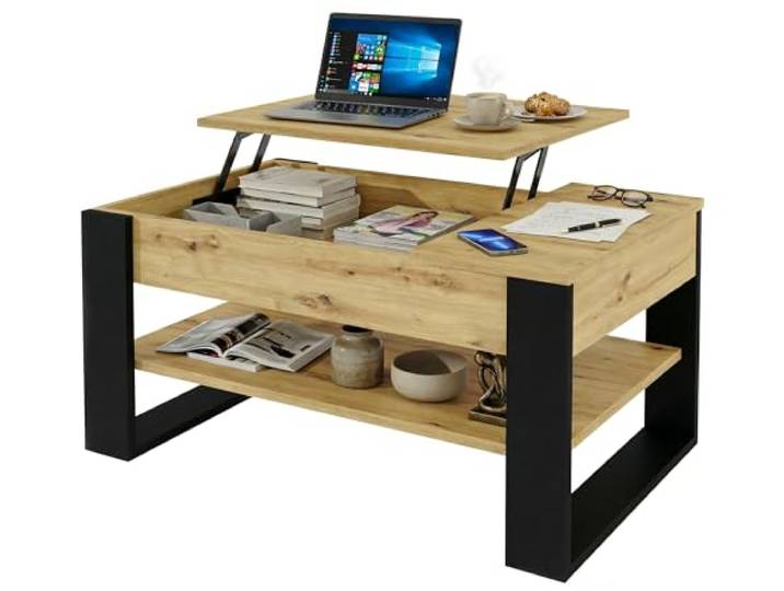 möbelkap Couchtisch mit anhebbarem & ausziehbarem Blatt Höhenverstellbarer Wohnzimmertisch mit Stauraum Sofatisch Eiche Artisan/Schwarz Modern mit Liftfunktion