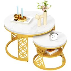 Couchtisch Set 2-teilig 70x70, Nesting Beistelltisch mit Marmormuster MDF Tischplatte, Metallrahmen, stabil & platzsparend, Gold & Weiß