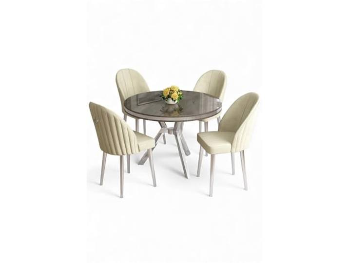 Hanah Home Modern 5-Piece Dining Table & Chairs Set, Anthracite & Chrome, 90x90 cm 100% Lacquer Panel, Metal Legs, Babyface Fabric Stylish & Durable