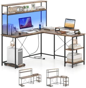 Costway L-Shaped Reversible Gaming Desk with LED Strip and Power Outlets Hutch Monitor Stand-Rustic Brown