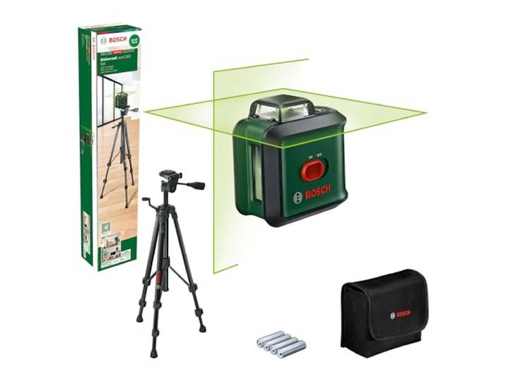 Bosch Laser lignes UnversalLevel 360 avec trépied premium (laser lignes vertical et horizontal avec laser à 360° pour un alignement dans toute la pièce\, dans boîte carton)