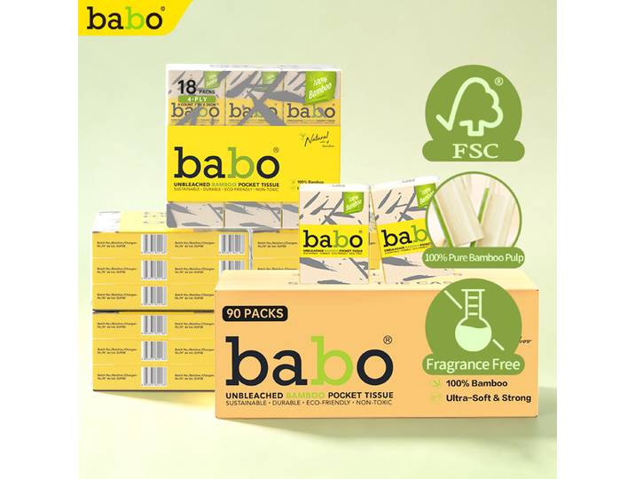 BABO Mouchoirs mini portables pulpe de bambou norme UE 4 plis 8 feuilles/paquet, 18 paquets/lot, 90 paquets/carton Double certification qualité, sans blanchiment ni substance fluorescente