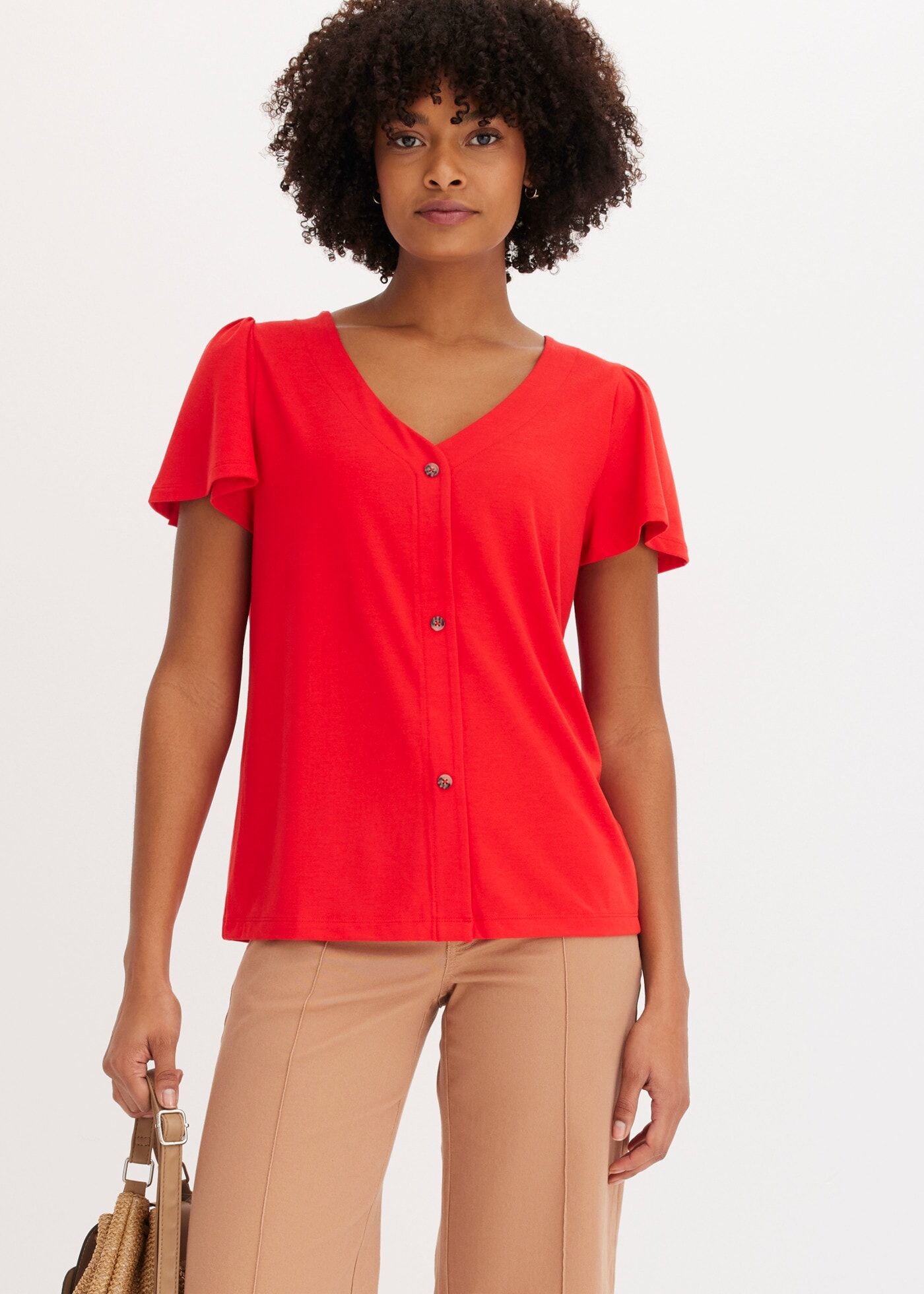 T-Shirt BONPRIX "Shirt mit Knopfleiste", Damen, Gr. 48/50 (XL), rot (erdbeere), Obermaterial: 64% Polyester, 32% Viskose, 4% Elasthan, bequem, Shirts T-Shirt, bequeme Passform, Kurzarm-Design, mit Knopfleiste erdbeere 48/50 (XL)
