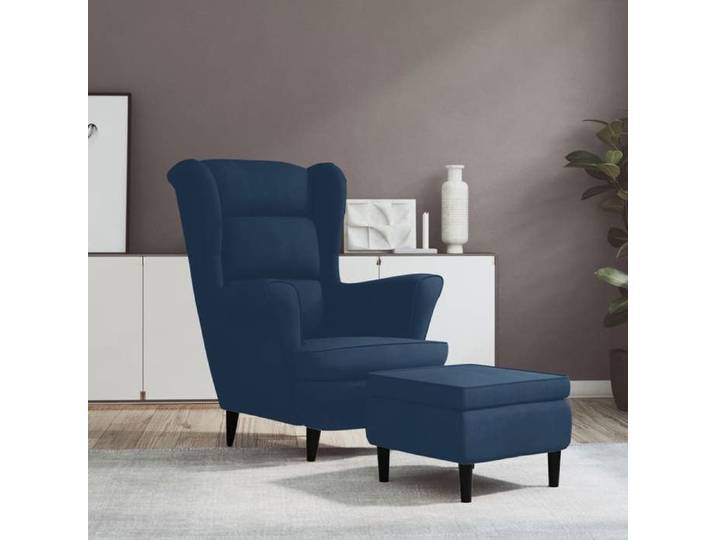 Fauteuil à oreilles avec tabouret bleu velours 3115930