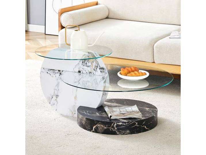 Bellemave Couchtisch Glas Rund, Couchtisch rund, Mehrschichtiges Design MDF-Holzsockel mit schwarzer Marmorstruktur, 2 runde Glasablagen, minimalistischer Kaffeetisch als Wohnzimmerdekor