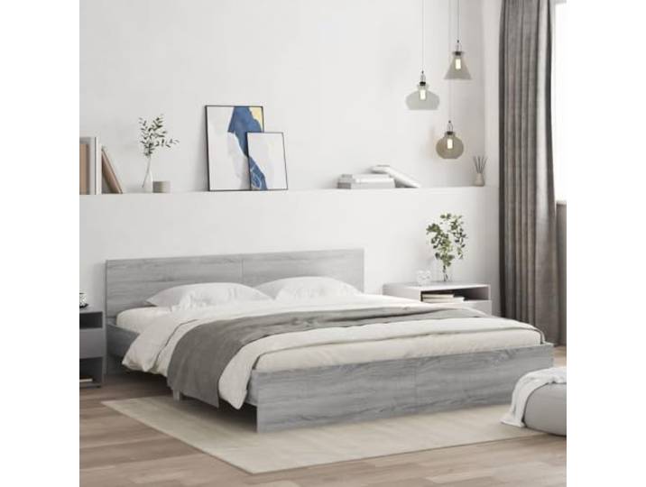 RJPLMFV Bettgestell, 200 x 200 cm, Sonoma, Grau Mit Kopfteil, Lattenrost, Holz, ohne Matratze