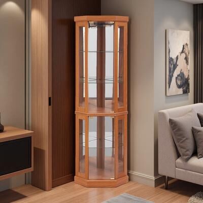 ZWYO HOSIMU "69.84""H Lighted Display Corner Curio Cabinet with Glass Doors, Adjustable Shelves, and Mirrored Back."