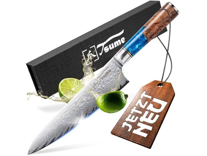 Tsume Kochmesser Gyuto Saphir, Klingenlänge 20cm, Echtes Damast Küchenmesser, 67 Schichten VG10 Edelstahlkern mit blauem und weißen Kunstharz und Holz Handgriff, Rasiermesserscharf