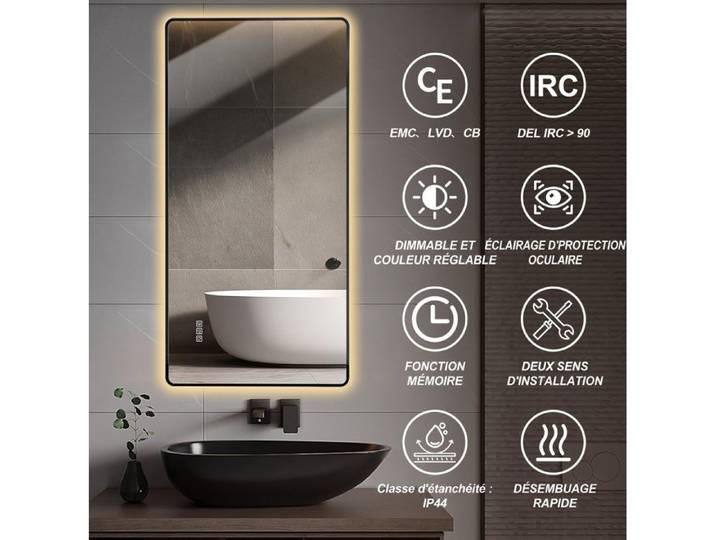 Modenuit Miroir LED salle de bain 60 x 120 cm cadre noir aluminium antibuée IP44