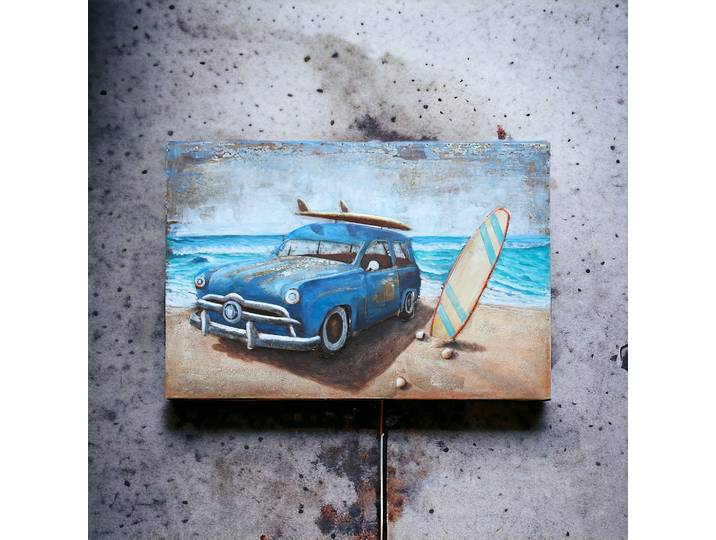 Tableau Relief Voiture Américaine vintage à la Plage en Métal