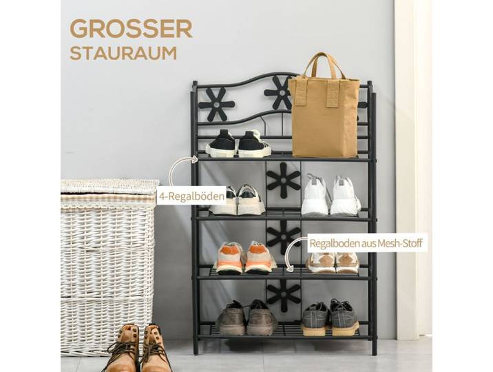 BEL Petit meuble à chaussures/plantes autoportant 4 niveaux métal noir 59 5x30x92 cm
