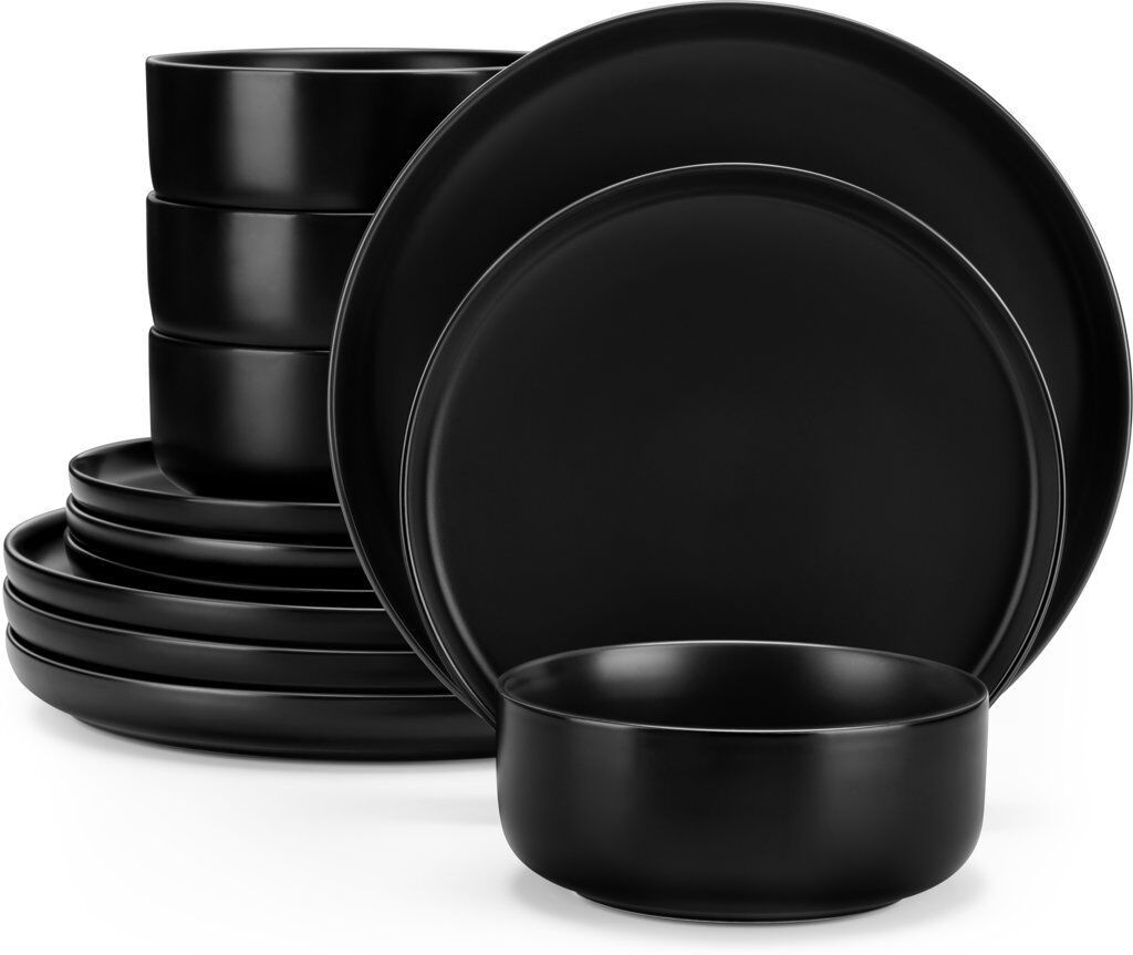 MALACASA 12 Pcs Porcelain Dinnerware Set, Round Plate And Bowl, Dinner Plates, Dessert Plates And Bowls For 4 Person, White Set Black 12