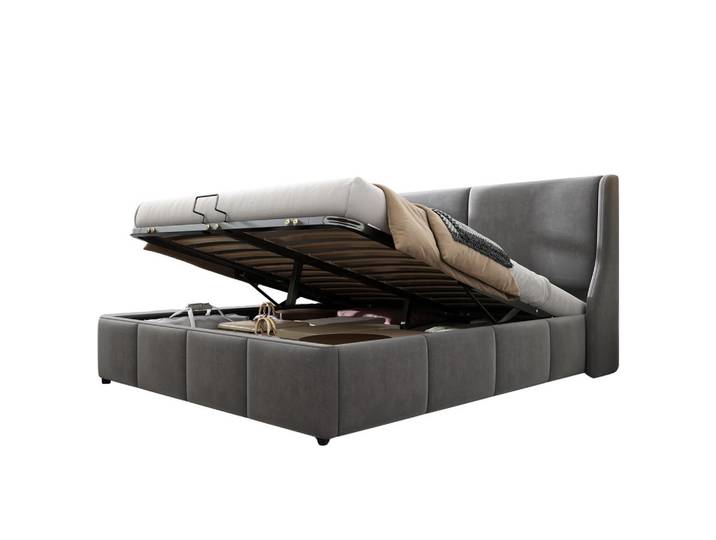 Flieks Polsterbett Ohrform Kissenkopfteil Hydraulisch 180x200 Grau, 180x200 cm, Schlafzimmer, Betten, Polsterbetten