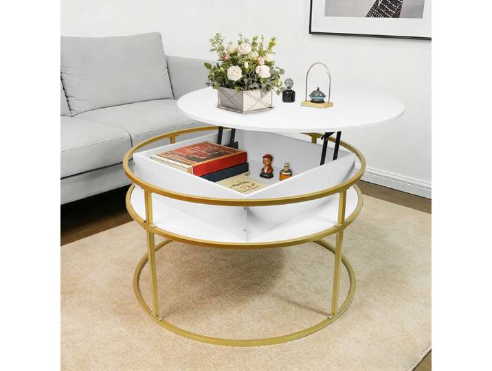OHMG-Table Basse Ronde Réglable En Hauteur-Espace De Rangement Intégré-Pour Bureaux Et Salons-60*60*47cm-Cadre Blanc Et Or