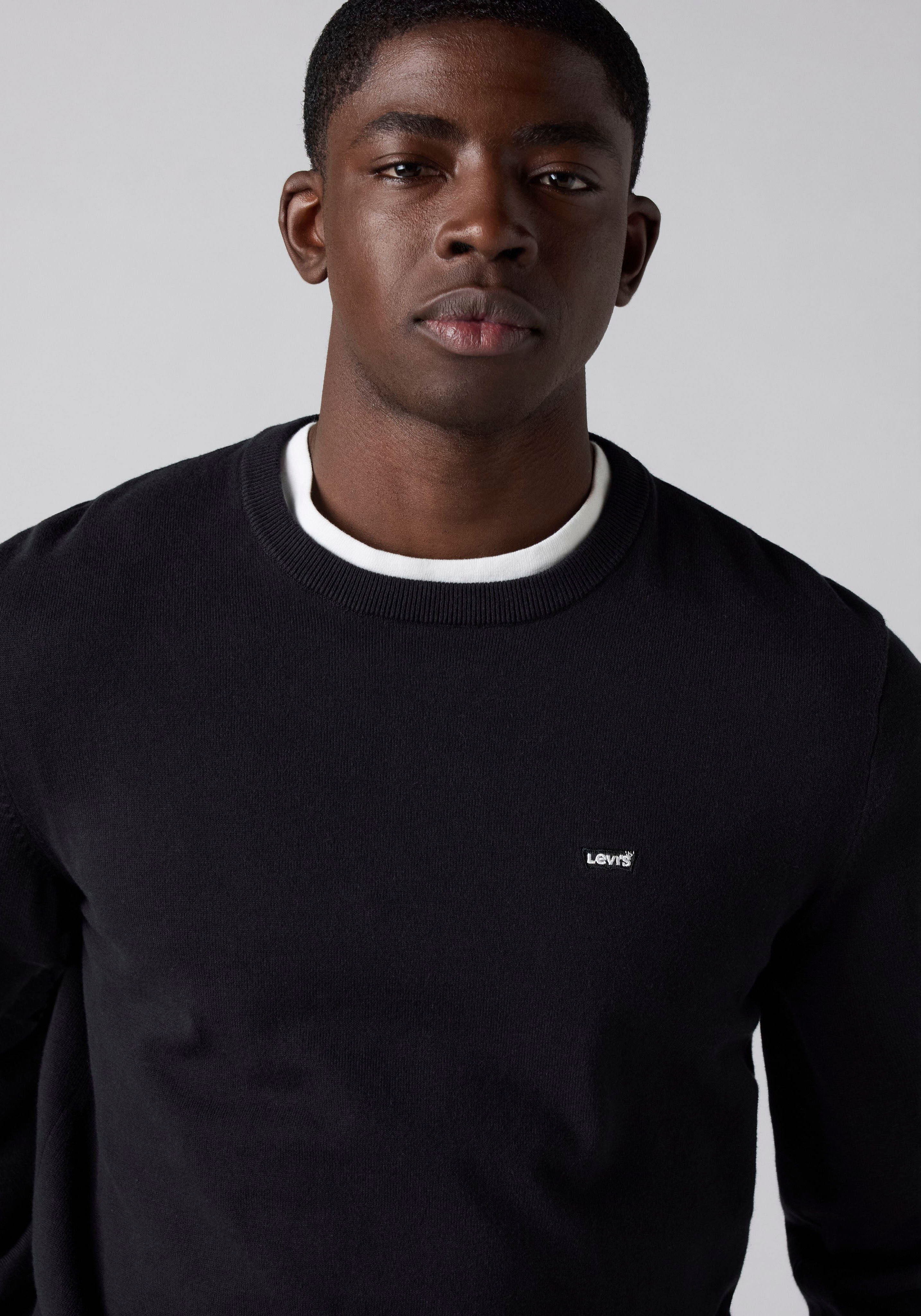 Rundhalspullover LEVI'S "LIGHTWEIGHT HM SWEATER", Herren, Gr. L, schwarz (meteorite), Strick, Obermaterial: 100% Baumwolle, regular fit normal, Rundhals, angesetztes Bündchen, Pullover Rundhalspullover, Feingerippte Abschlüsse meteorite L