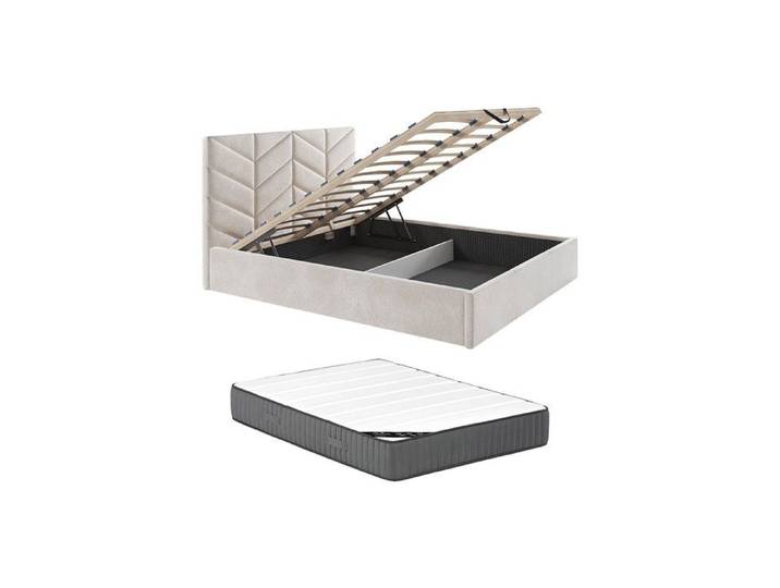 Lit coffre 200 x 200 cm - Tissu texturé - Crème + Matelas Premium - JUSTANI