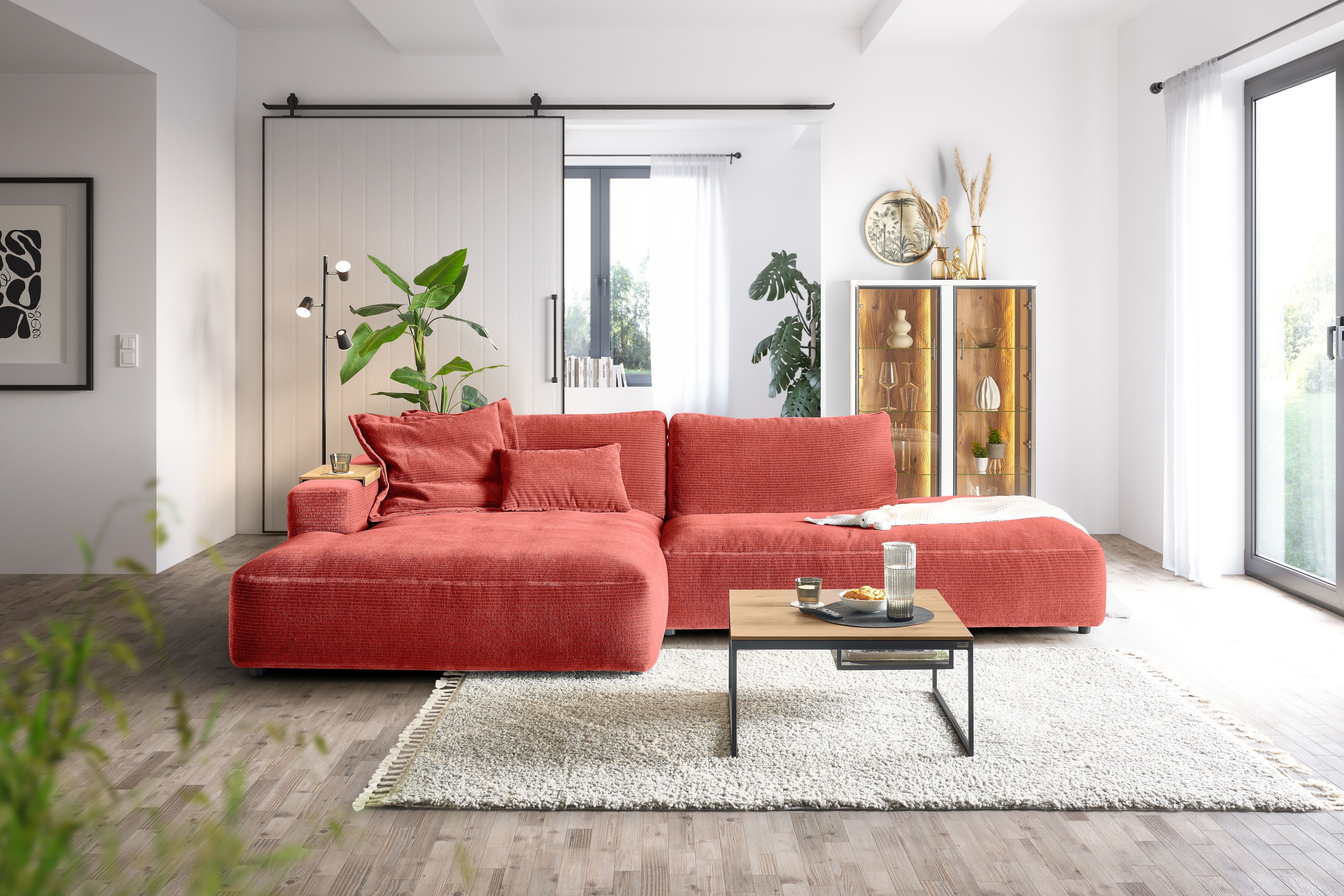 Ecksofa MUSTERRING "Lucia modern und bequem, Breite 330cm, L-Form", orange (aperol), B:330cm H:81cm T:190cm, 100% Polyester, Sofas, Ecksofa, verschiedene Farben, grosser Longchair mit Armlehne, B330 x T190 cm aperol B/H/T: 330cm x 81cm x 190cm, Chenille, 