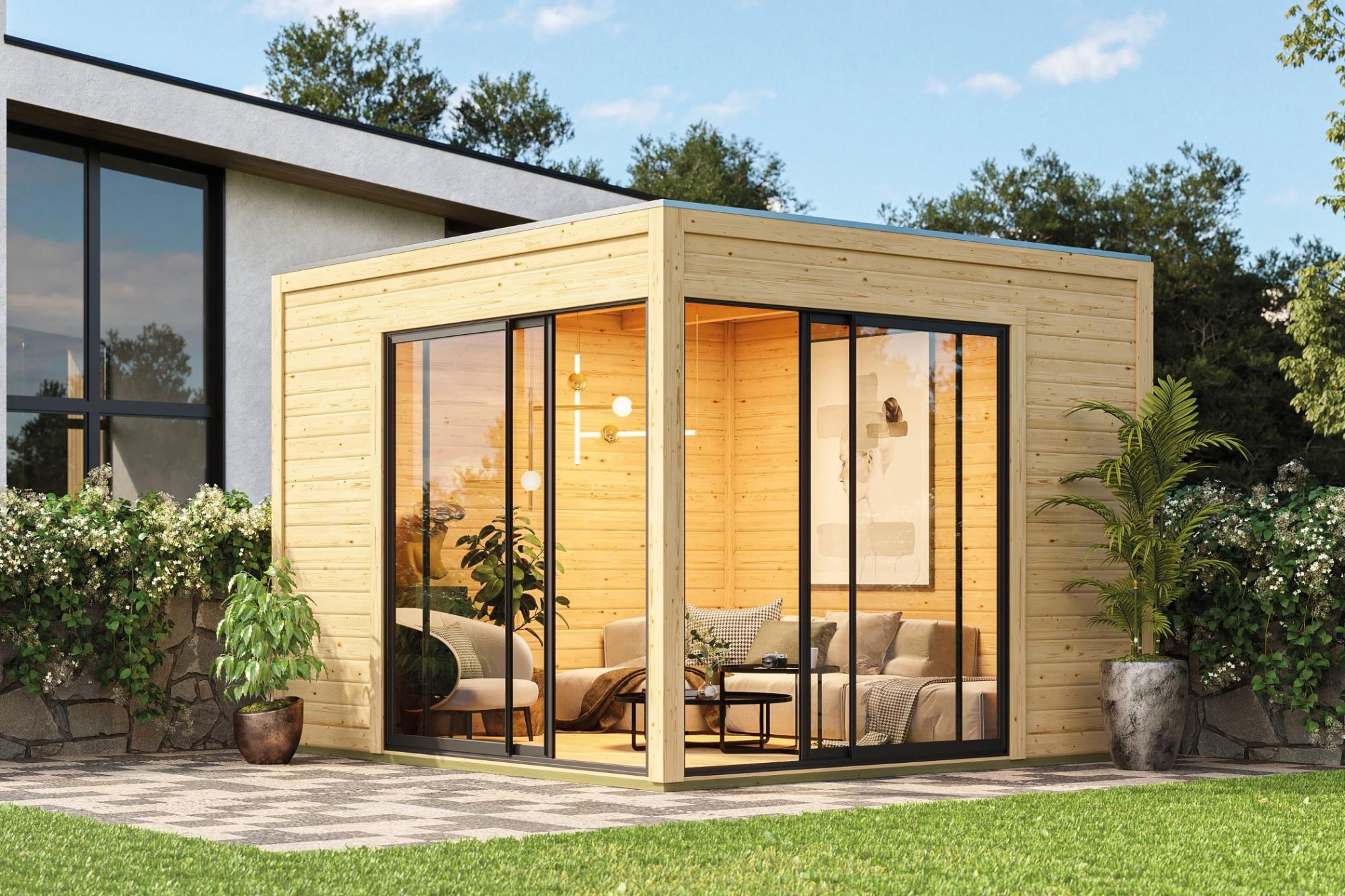 Gartenhaus Holz 38mm Poolhaus Holzhaus Dice 3 mit ALU-Schiebetür naturbelassen 308x308x242 cm