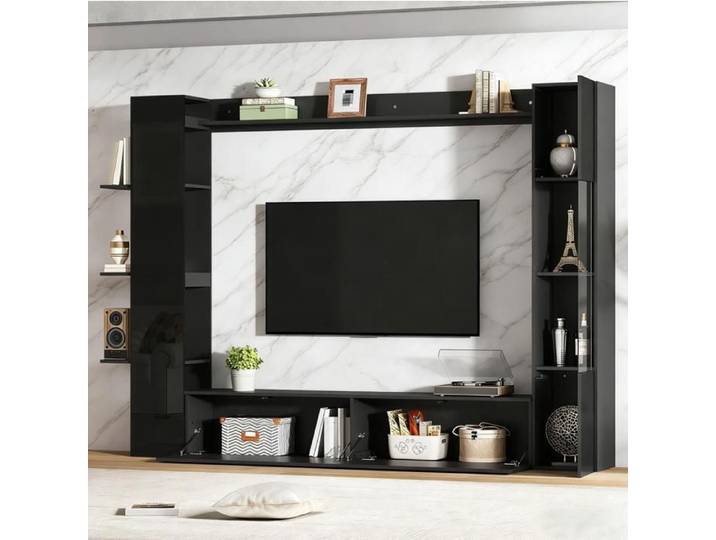 Meuble TV Mural En MDF Noir Brillant Ensemble Mural Design FloraGrace Pour Salon Rangements Ouverts Et Fermes 245x30x170cm