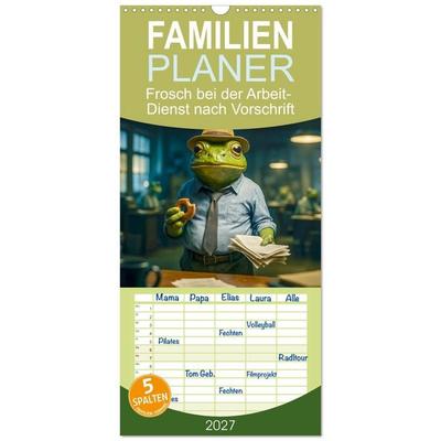 Familienplaner 2027 - Frosch bei der Arbeit- Dienst nach Vorschrift mit 5 Spalten (Wandkalender, 21 x 45 cm) CALVENDO