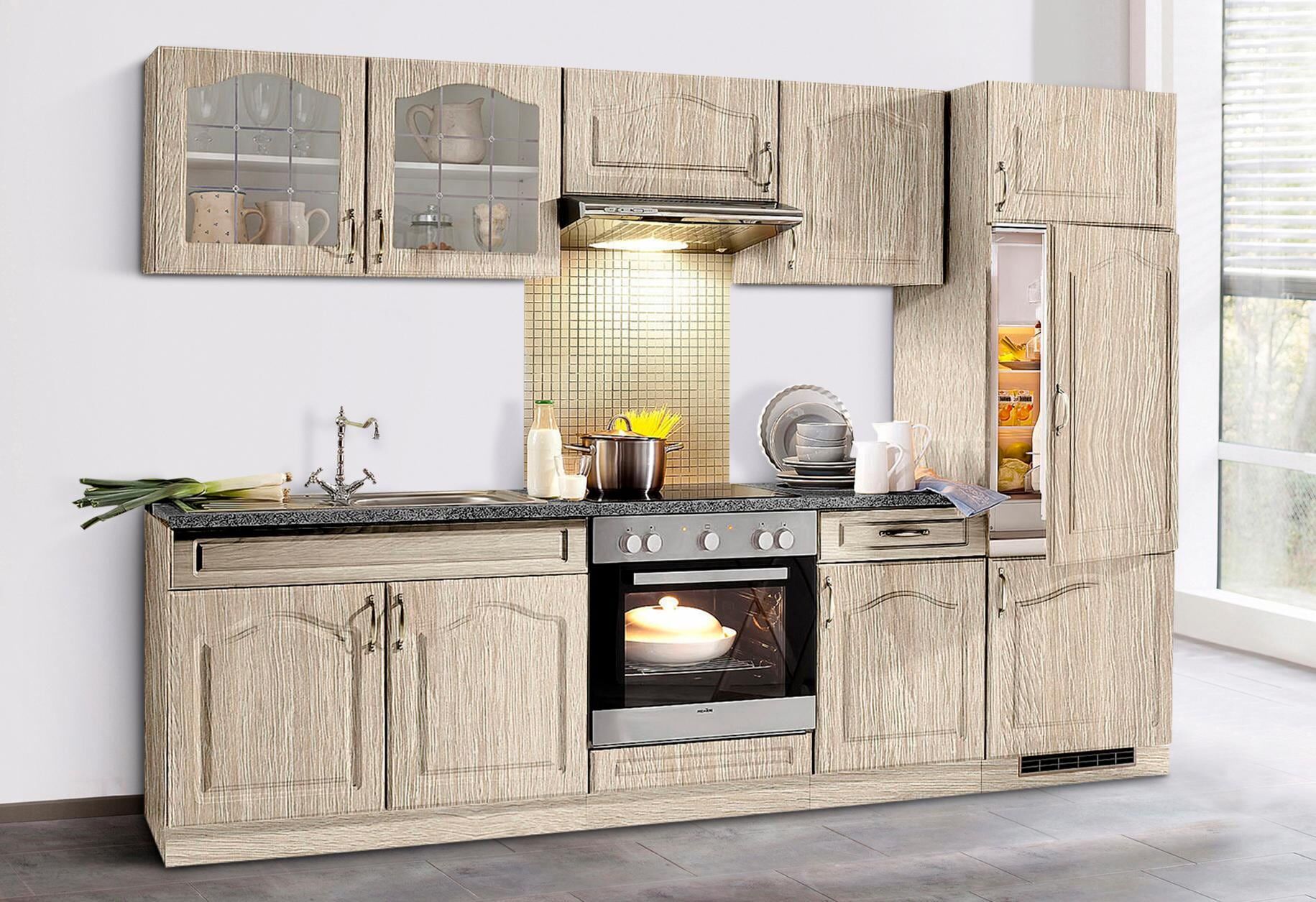 Küchenzeile WIHO KÜCHEN "Linz", braun (küche: braun, korpus: sonoma eichefarben, arbeitsplatte: granit grau), B:270cm T:60cm, Komplettküchen-Sets, Küchenzeile, mit E-Geräten, Breite 270 cm, mit Cerankochfeld