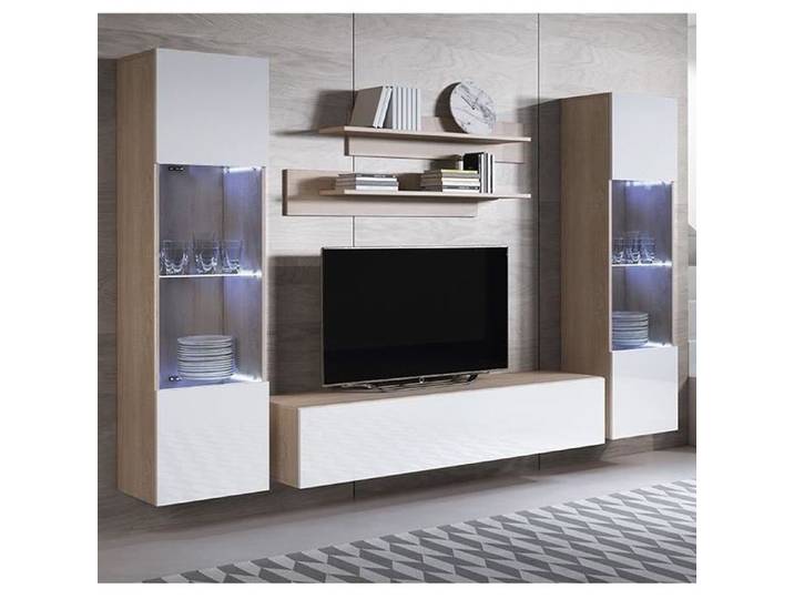 Combinaison de meubles 1 meuble TV 2 armoires murales 2 étagères – Sonoma et Blanc Finition brillante et mat push-click LED – LUKE
